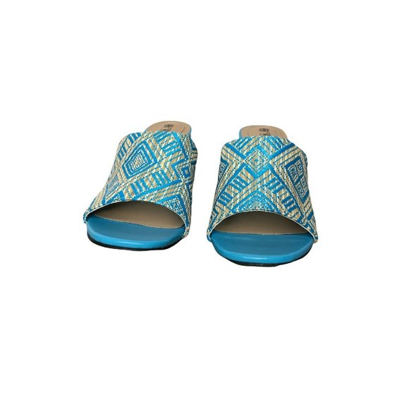 Avon Cushion Walk Slides Sandal Block Heel Womens 10 Blue Straw Weave Mules New - Picture 3 of 10